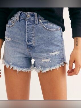 CRVY We The Free Light Blue Distressed Denim Cutoff Shorts